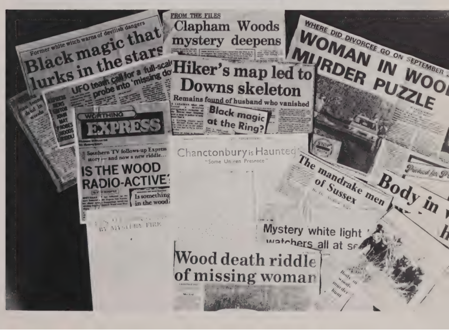 Montage of newspaper headlines about Chanctonbury Ring and Clapham Woods