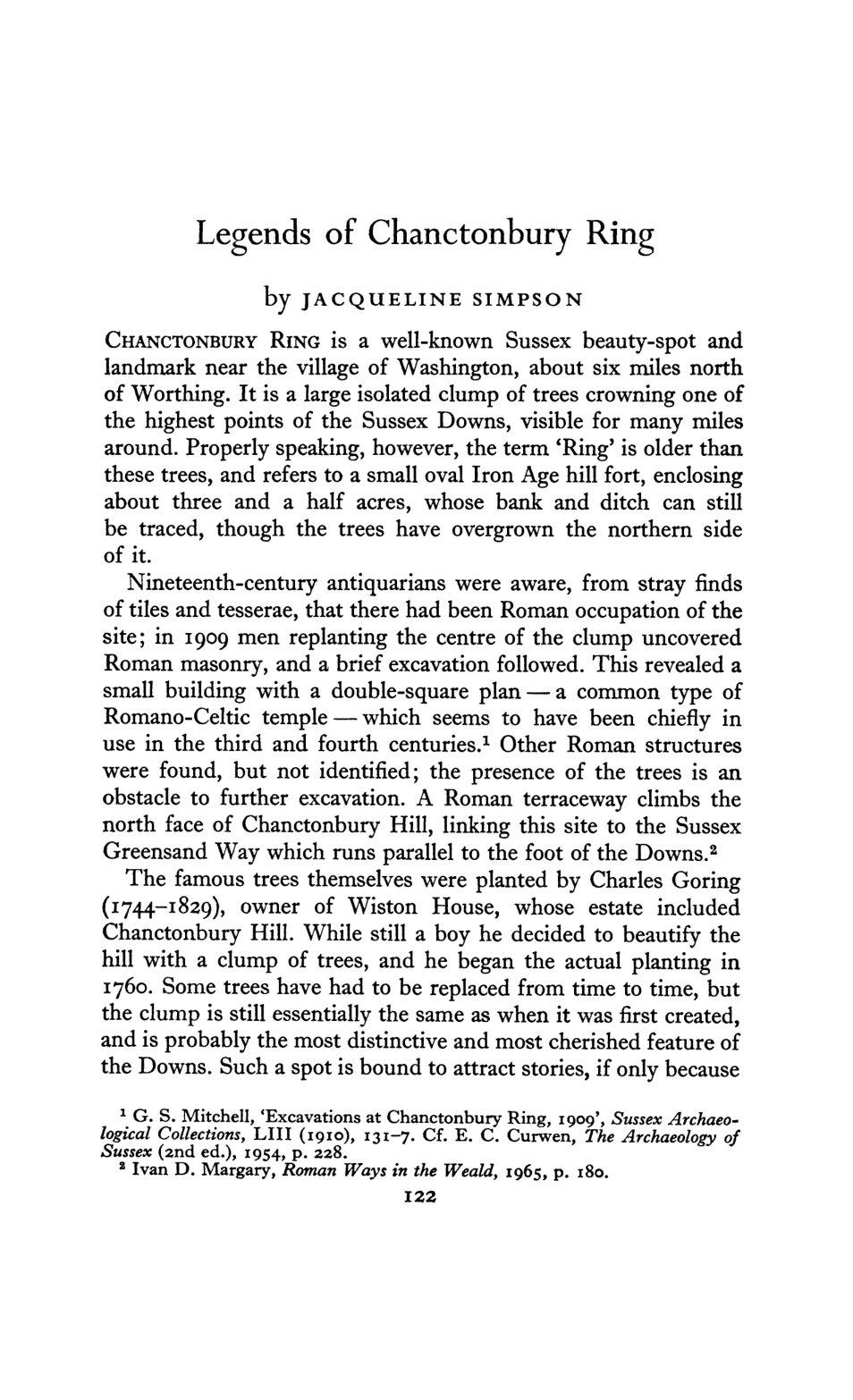 Title page of Jacqueline Simpson's 1969 Folklore paper on Chanctonbury Ring