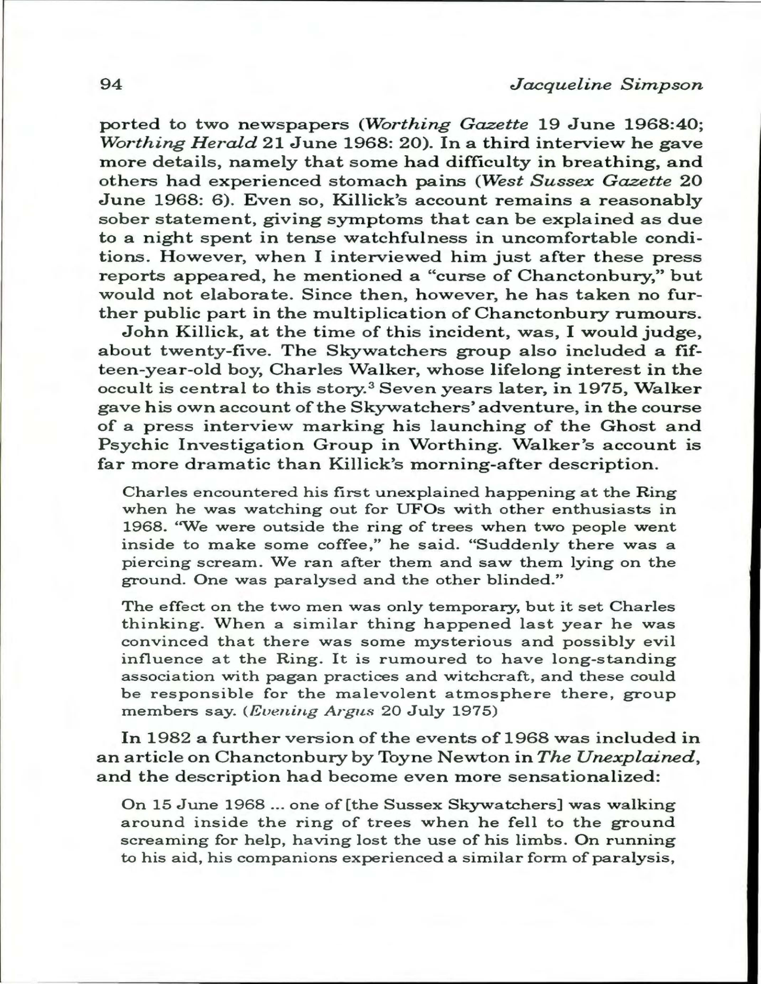 Killick's original sober account of the 1968 Skywatchers vigil
